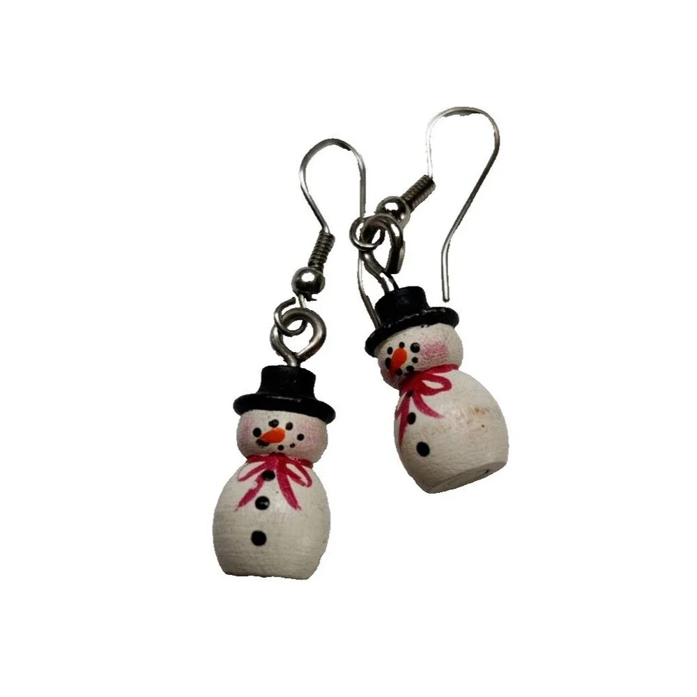 Vintage Wood Snowman Hoop Earrings Christmas Holiday